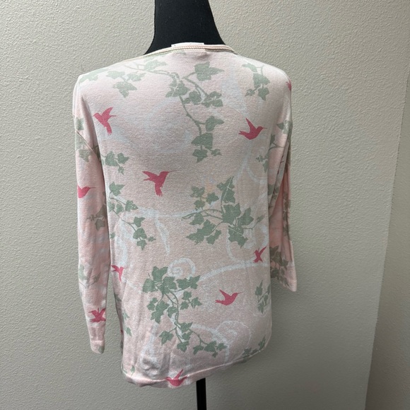 Cactus Bay Hummingbird Floral Tee Pink Rhinestone Birds 3/4 Sleeve Top L - Picture 5 of 9